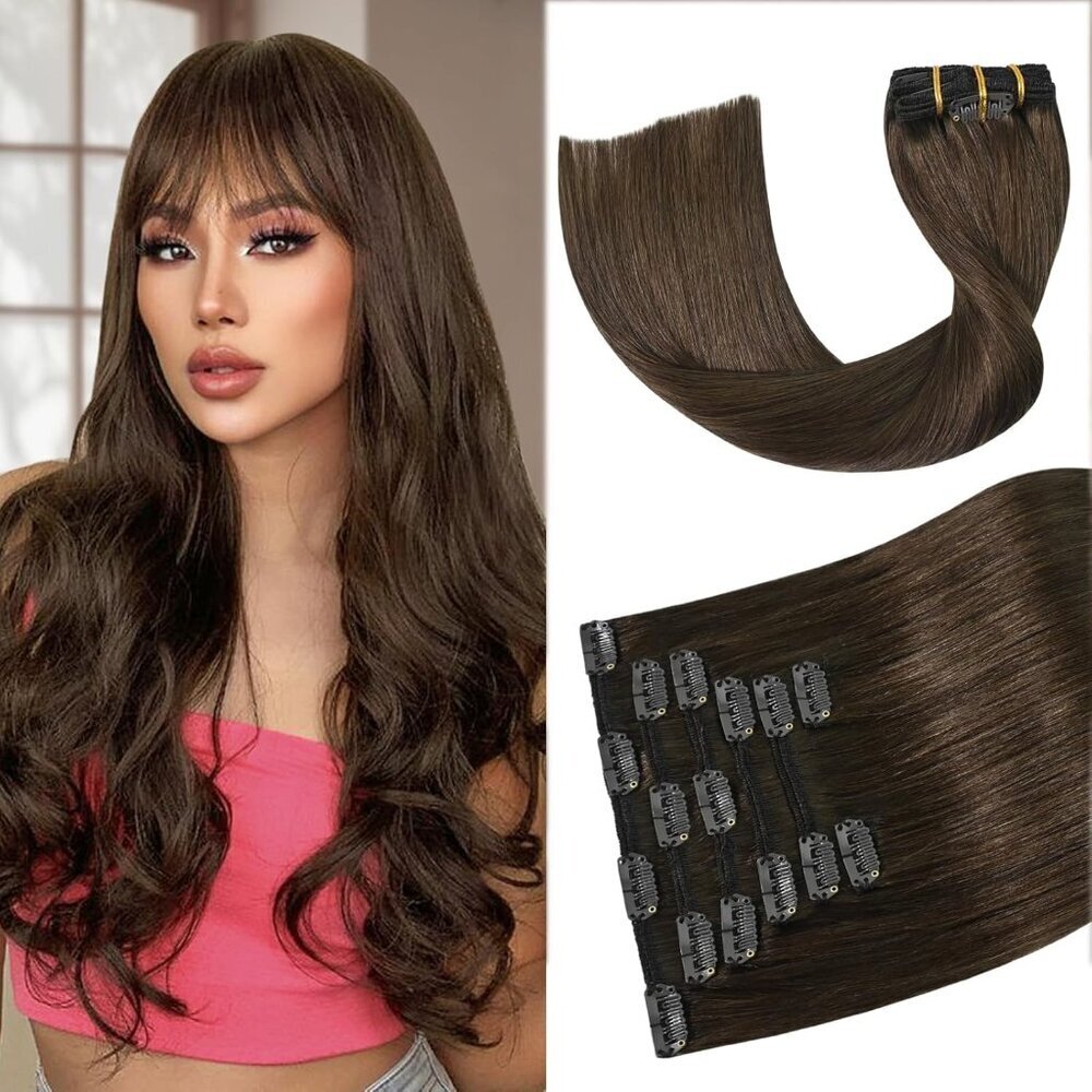 Human Hair Extensions Clip Ins 12 Inch Medium Brown Straight 70g 7 pcs
